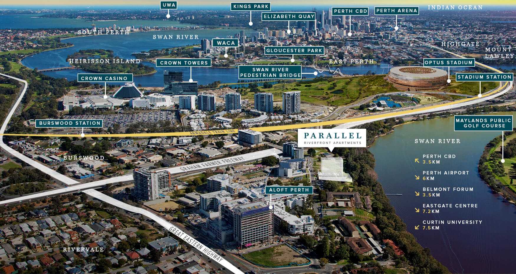Parallel Riverfront Apartments Aerial Map